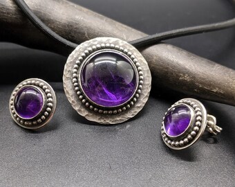 Handmade Amethyst Jewelry Set, Sterling Silver Stud Earrings and Necklace, Purple Gemstone Gift Set