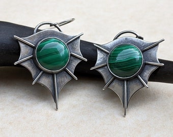 Handmade Malachite Bat Wing Earrings, Sterling Silver Dragon Wing Dangle Earrings, Gothic Cthulhu Jewelry