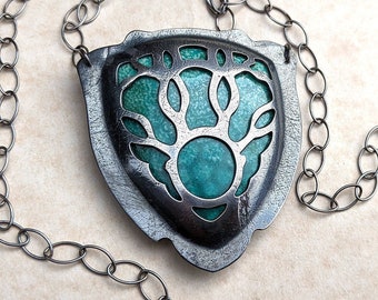 Enamel Branch Necklace, Large Sterling Silver Pendant, OOAK Fantasy Jewelry, Unique Gift for Her, Abstract Art Jewelry