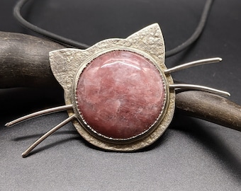 Handmade Pink Cat Necklace, Sterling Silver Cat Pendant, Pink Gemstone Jewelry, Crazy Cat Lady Gift, Cat Lover Gift for Her
