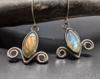 Handmade Labradorite Dangle Earrings, Sterling Silver Scroll Earrings, Grey Gemstone Jewelry, Gift for Her