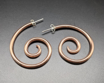 Copper Spiral Hoop Stud Earrings, Golden Ratio Jewelry, Unique Handmade Copper Earrings