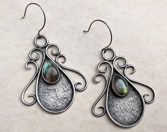 Handmade Labradorite Dangle Earrings, Sterling Silver Shadowbox Earrings, Grey Gemstone Jewelry, Gift for Her