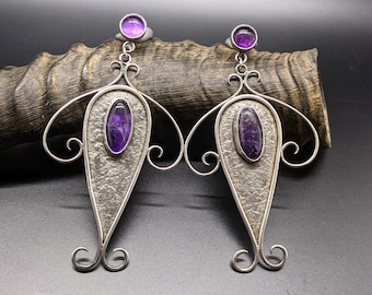 Handmade Amethyst Dangle Stud Earrings, Sterling Silver Filigree Earrings, Purple Gemstone Jewelry, Gift for Her
