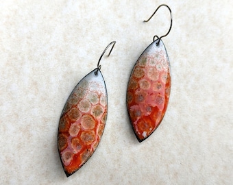 Orange Enamel Leaf Earrings, Handmade Copper Dangle Earrings, Botanical Jewelry, Gift for Nature Lover