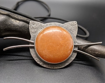 Handmade Orange Cat Necklace, Sterling Silver Cat Pendant, Orange Gemstone Jewelry, Crazy Cat Lady Gift, Cat Lover Gift for Her