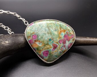 Handmade Ruby Fuchsite Necklace, Sterling Silver Pendant, Natural Pink and Green Gemstone Jewelry