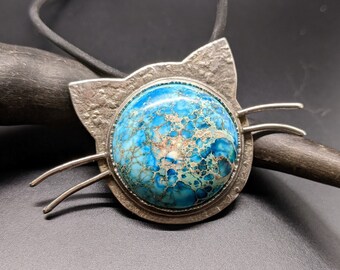 Handmade Sea Sediment Jasper Cat Necklace, Sterling Silver Cat Pendant, Blue Gemstone Jewelry, Crazy Cat Lady Gift, Cat Lover Gift for Her