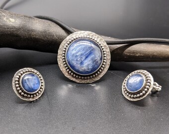 Handmade Kyanite Jewelry Set, Sterling Silver Stud Earrings and Pendant, Blue Gemstone Bridal Set