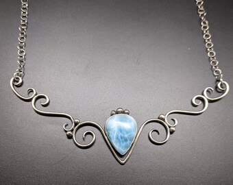 Handmade Larimar Scroll Necklace, Sterling Silver Filigree Spiral Pendant, Light Blue Gemstone Jewelry