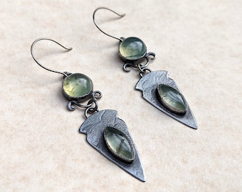 Handmade Prehnite Dangle Earrings, Sterling Silver Arrowhead Earrings, Green Gemstone Jewelry, Gift for Her