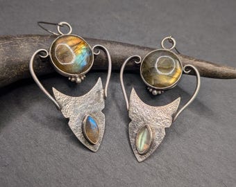 Handmade Labradorite Dangle Earrings, Sterling Silver Filigree Earrings, Grey Gemstone Jewelry, Gift for Her