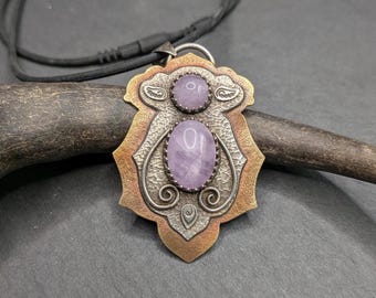Handmade Amethyst Mixed Metal Necklace, Sterling Silver & Brass Statement Necklace, Witchy Gift, Purple Gemstone Jewelry