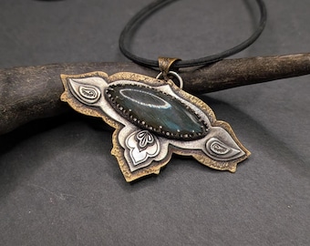 Handmade Labradorite Mixed Metal Necklace, Sterling Silver & Brass Statement Necklace, Witchy Gift, Grey Gemstone Jewelry