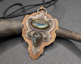 Handmade Labradorite Mixed Metal Necklace, Sterling Silver & Brass Statement Necklace, Witchy Gift