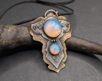 Handmade Opalite Mixed Metal Necklace, Sterling Silver & Brass Statement Necklace, Witchy Gift, Iridescent White Gemstone Jewelry