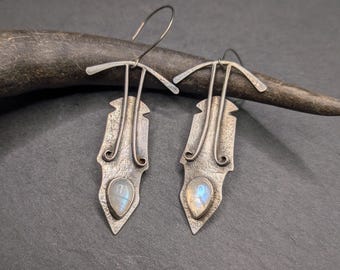 Handmade Rainbow Moonstone Earrings, Sterling Silver Arrowhead Dangle Earrings, White Gemstone Jewelry