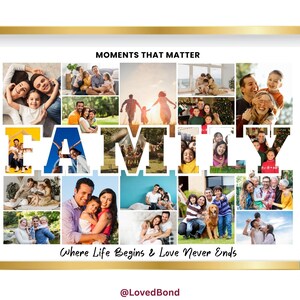 Pode incluir: Uma colagem emoldurada com a palavra "FAMILY" composta por várias fotos de família. O texto "MOMENTS THAT MATTER" e "Where Life Begins & Love Never Ends" também são visíveis. A moldura tem uma borda dourada.