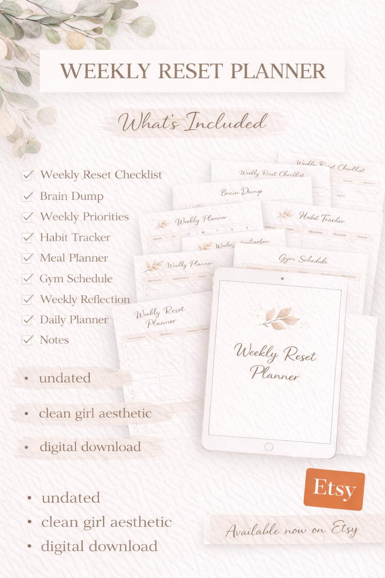 Weekly Reset Planner Printable | Clean Girl Aesthetic | Minimal Digital ...
