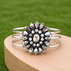 White Horse Turquoise Sterling Silver Cluster Cuff Bracelet, Southwestern Statement Bangle