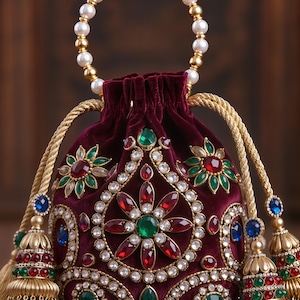 May include: A burgundy velvet drawstring bag with intricate jewel embellishments. The bag features a gold beaded handle and tassel accents. The design includes red, green, blue, and clear gemstones, creating a luxurious and ornate appearance.