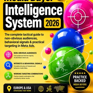 Pode incluir: Gráfico promocional amarelo para "Media Buyer Intelligence System 2026" com texto, ícones e esferas coloridas. O gráfico promove downloads digitais e compra de mídia baseada na prática. O texto descreve o foco no direcionamento do Meta Ads.