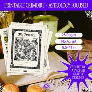 Könnte beinhalten: Ein Stapel druckbarer Grimoire-Seiten mit dem Titel "My Grimoire" und Illustrationen zum Thema Astrologie. Die Seiten sind 21,59 x 27,94 cm groß und enthalten 26 Seiten. Der Text "PRINTABLE GRIMOIRE - ASTROLOGY FOCUSED" steht oben.