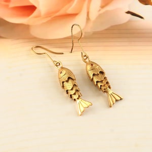Gold Fish Dangle Earrings, Nautical Drop Earrings, Vintage Fish Earrings, Ocean Inspired Jewelry Gold Plated Statement Earrings Gift for Her