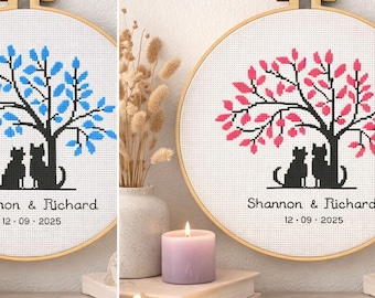 Personalized Cats Wedding Cross Stitch Pattern with Tree | DIY Love Embroidery Design with Names Date PDF & SAGA
