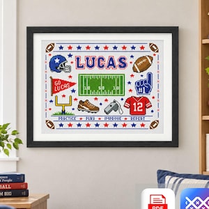 May include: A framed cross-stitch pattern featuring the name LUCAS in blue and red letters, surrounded by football-themed icons including a helmet, a field, a ball, a pennant reading GO LUCAS, a foam finger, a jersey with 12, and the text PRACTICE PLAY IMPROVE REPEAT.
