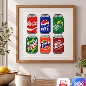 Soda Cans Cross Stitch Pattern PDF & SAGA Retro Soft Drinks Sampler, Kitchen Decor