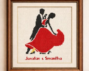 Patrón de punto de cruz de pareja bailando romántica, silueta de boda, bordado de amor DIY, nombres personalizados ABC incluido pdf + saga