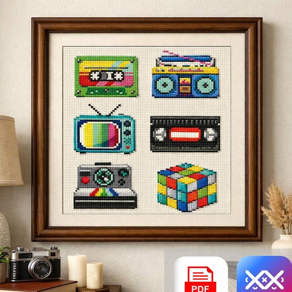 Conjunto de patrones de punto de cruz retro de los años 80 y 90 / Casete, radiocasete, VHS, TV retro, Polaroid, Cubo de Rubik / Descarga instantánea en PDF