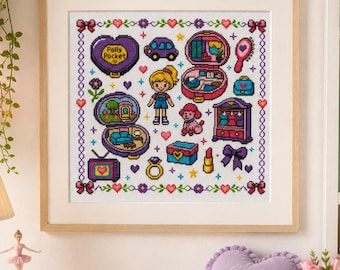Retro Pocket Toy Cross Stitch Pattern, 90s Nostalgia Sampler, Cute Girly Room Decor PDF Chart