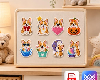 Corgi Cross Stitch Pattern PDF & SAGA, Cute Dog Bundle, Seasonal Puppy Sampler, Kawaii Pet Embroidery Chart, Instant Download