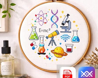 Science Cross Stitch Pattern, STEM Sampler Microscope DNA Atom Space Icons, Nerdy Classroom Decor Gift PDF & Saga