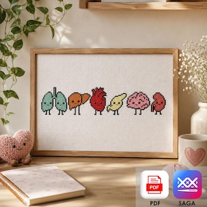 Puede incluir: Un patrón de punto de cruz enmarcado que muestra una fila de órganos humanos antropomórficos lindos, incluyendo pulmones azul claro, un hígado naranja, un corazón rojo, un páncreas amarillo, un cerebro rosa y un riñón rojo con caras negras.