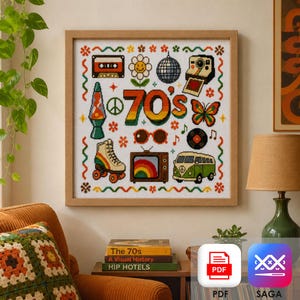 70s Cross Stitch Pattern PDF & SAGA, Retro Seventies Sampler, Disco Hippie Vintage Embroidery, Roller Skate and Camper Van Download