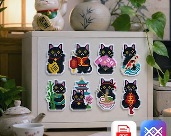 Lucky Cat Cross Stitch Pattern PDF & SAGA, Maneki Neko Black Cat Embroidery Chart, Japanese Mini Sampler, Folk Art Decor