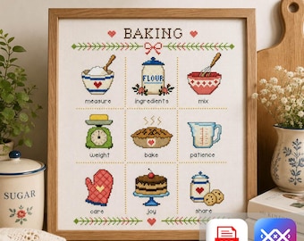 Baking Cross Stitch Pattern, Kitchen Sampler PDF, Cottagecore Embroidery, Baking Lover Gift, Cozy Kitchen Decor
