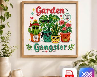 Garden Gangster Cross Stitch Pattern PDF & SAGA, Funny Plant Lover Embroidery, Houseplants, Cactus, Tropical Pots Chart