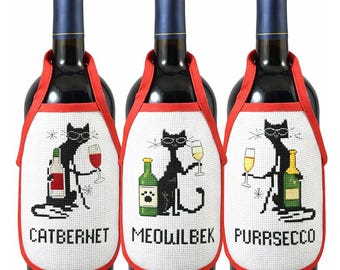 Wine Bottle Apron Cross Stitch Pattern Set, Funny Cat Wine Gift, Catbernet Meowlleek Purrsecco, Aida 14 Bottle Cover PDF & SAGA