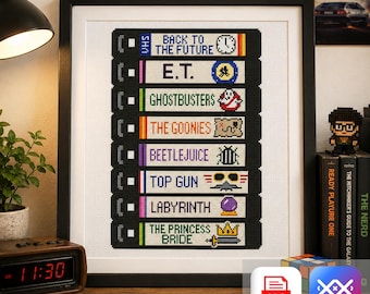 80s VHS Movies Cross Stitch Pattern PDF & SAGA, Retro Film Decor, Back to the Future E.T. Ghostbusters, Nerdy Movie Room Wall Art
