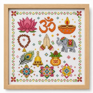 Hinduism Cross Stitch Pattern PDF & SAGA, Om Lotus Elephant Sampler, Indian Spiritual Embroidery, Diya Rangoli Digital Download