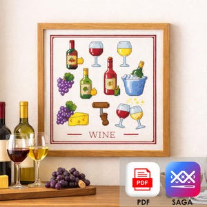 Wine Cross Stitch Pattern, Red White Wine Sampler Grapes Cheese Corkscrew, Kitchen Bar Cart Decor Gift PDF & SAGA
