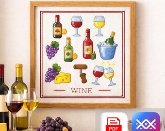 Wine Cross Stitch Pattern, Red White Wine Sampler Grapes Cheese Corkscrew, Kitchen Bar Cart Decor Gift PDF & SAGA