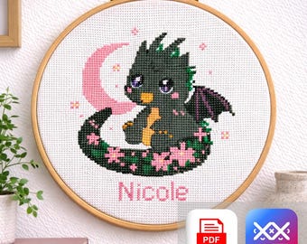 Baby Dragon Cross Stitch Pattern, Cute Fantasy Nursery Embroidery PDF, Personalized Name Design with ABC