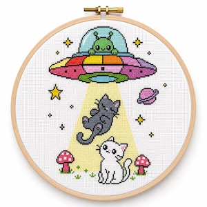 UFO Cat Cross Stitch Pattern PDF & SAGA, Cute Alien Kitten Design, Kawaii Space Embroidery Chart, Sci Fi Nursery Decor image 2