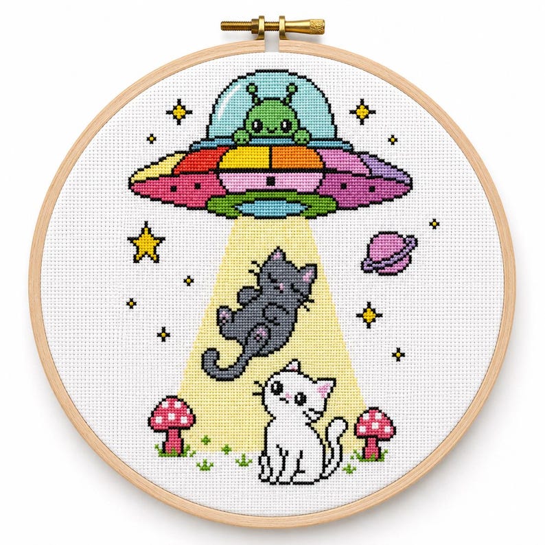 UFO Cat Cross Stitch Pattern PDF & SAGA, Cute Alien Kitten Design, Kawaii Space Embroidery Chart, Sci Fi Nursery Decor image 2