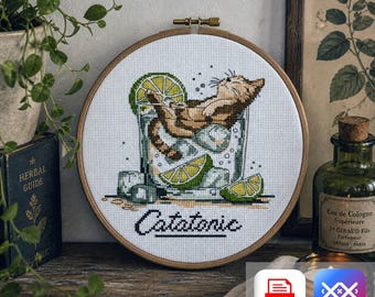 Funny Cat Cross Stitch Pattern, Catatonic Cocktail Cat, Cute Drinking Cat Embroidery, Modern Cat Lover Gift Design PDF & SAGA